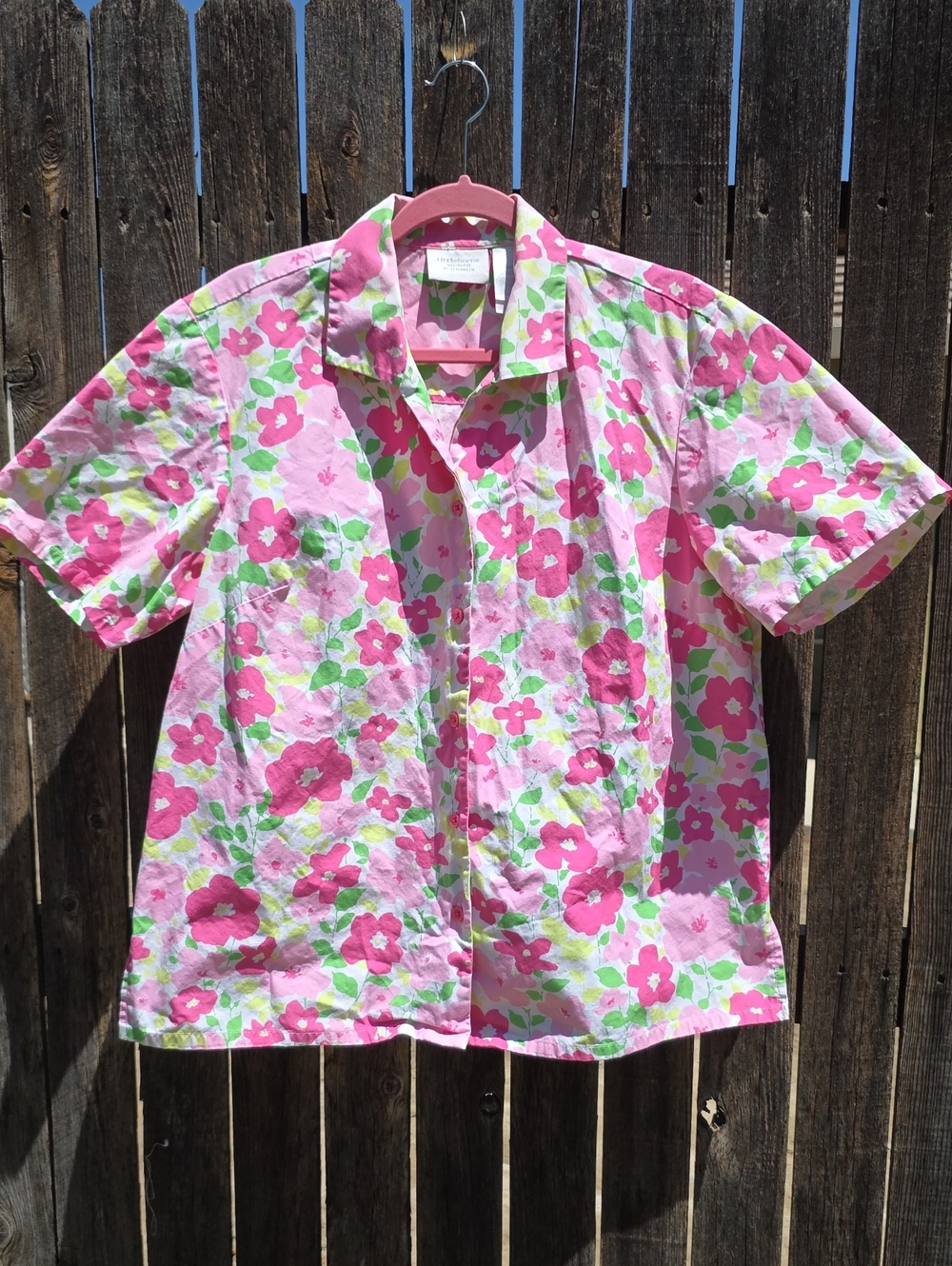 Liz Claiborne By Elisabeth Pink Floral Short-Sleeve Button Up Shirt 100% Cotton